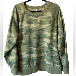 Women’s XXL Old Navy sweater, lightweight crewneck, green + brown camouflage